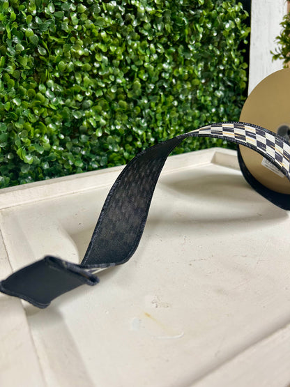 1.5 Inch By 10 Yard Beige And Black Mini Antique Checkerboard Ribbon