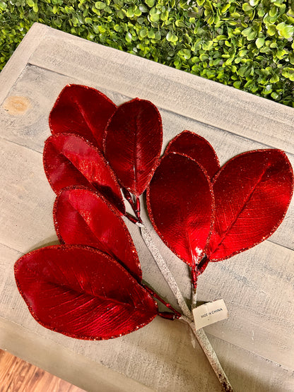 24 Inch Red Magnolia Leaf Spray