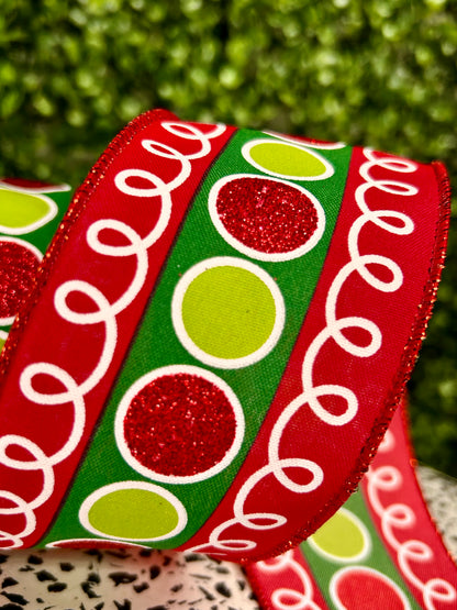 2.5 Inch By 10 Yard Red Lime And Emerald Stripe With Glitter Circles And Loops Ribbon
