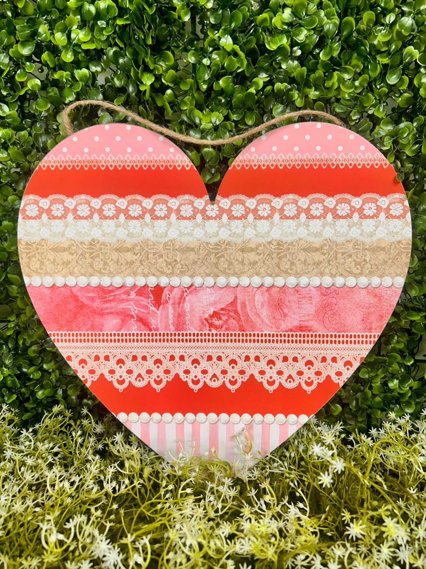 12 Inch Red And Pink Striped Pattern Heart Wood Sign