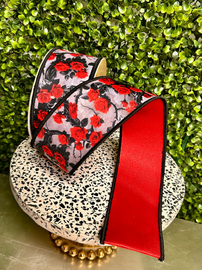 2.5 Inch By 10 Yard Red Roses And Vines Fused Ribbon