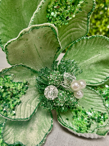 22 Inch Sage Green Glitter Sequin And Bead Magnolia Spray