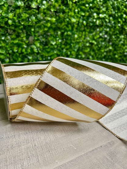 4 Inch By 10 Yard White Linen Gold Horizontal Big Stripes Ribbon