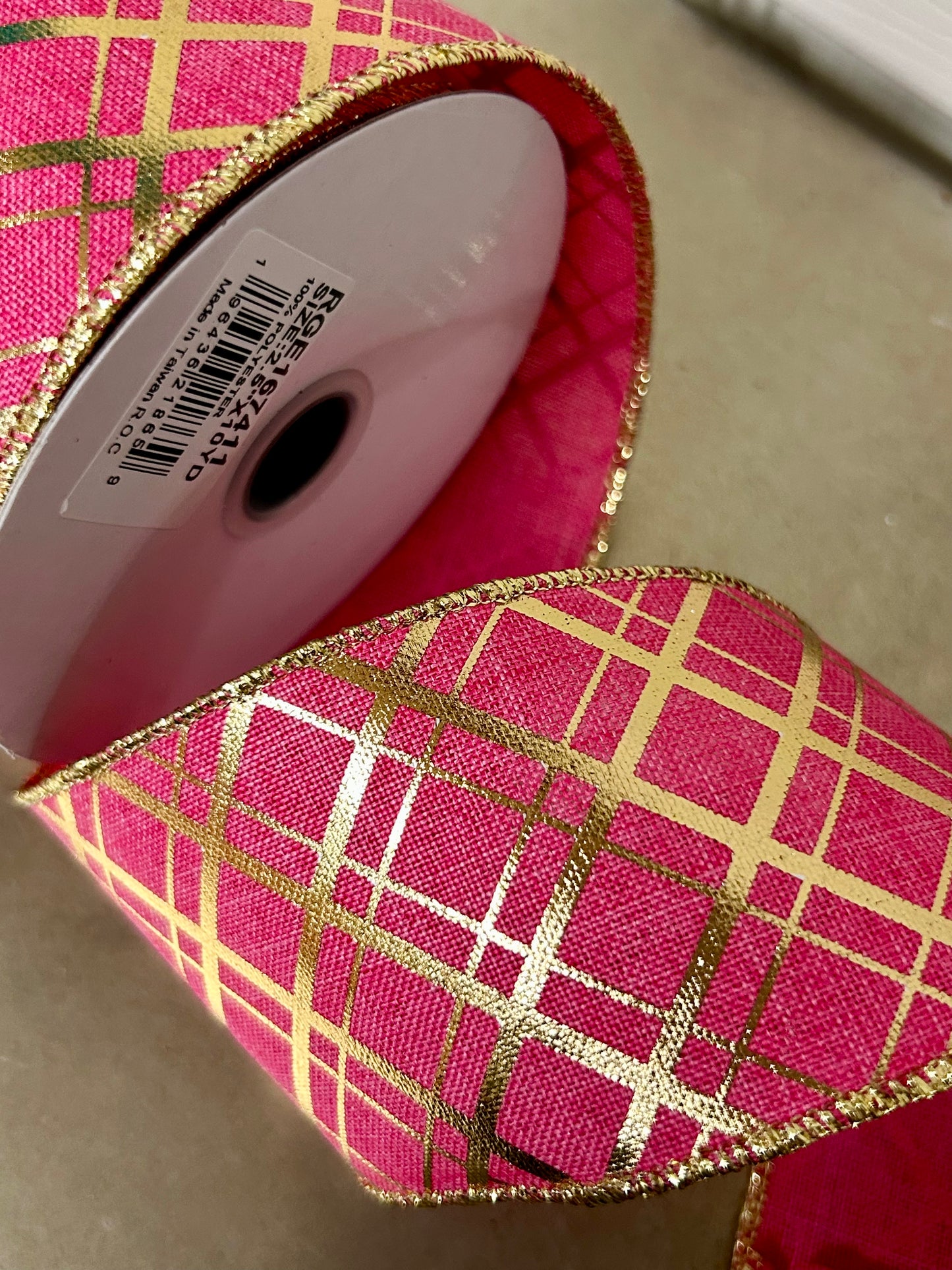 2.5 Inch By 10 Yard Hot Pink And Gold Metallic Thick And Thin Diagonal Plaid Ribbon