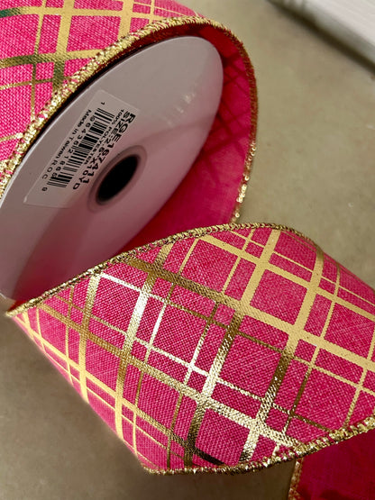 2.5 Inch By 10 Yard Hot Pink And Gold Metallic Thick And Thin Diagonal Plaid Ribbon
