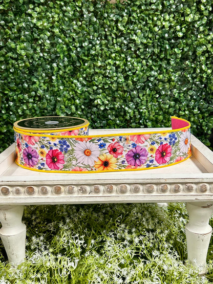2.5 Inch By 10 Yard Mixed Wildflowers Ribbon