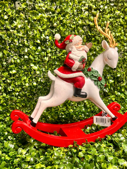 11.75 Inch Resin Santa On Rocking Deer