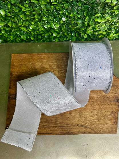 2.5 Inch By 10 Yard White And Silver Speckled Velvet Ribbon