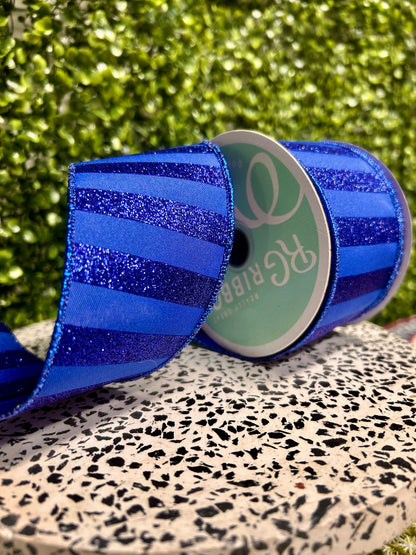 2.5 Inch By 10 Yard Royal Blue Horizontal Glitter Stripes Ribbon
