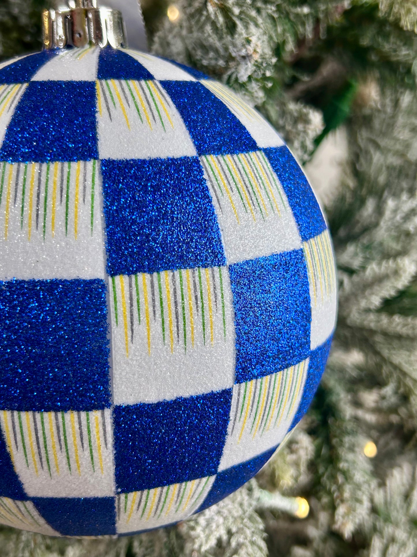6 Inch Royal Blue And White Glitter Check Ornament