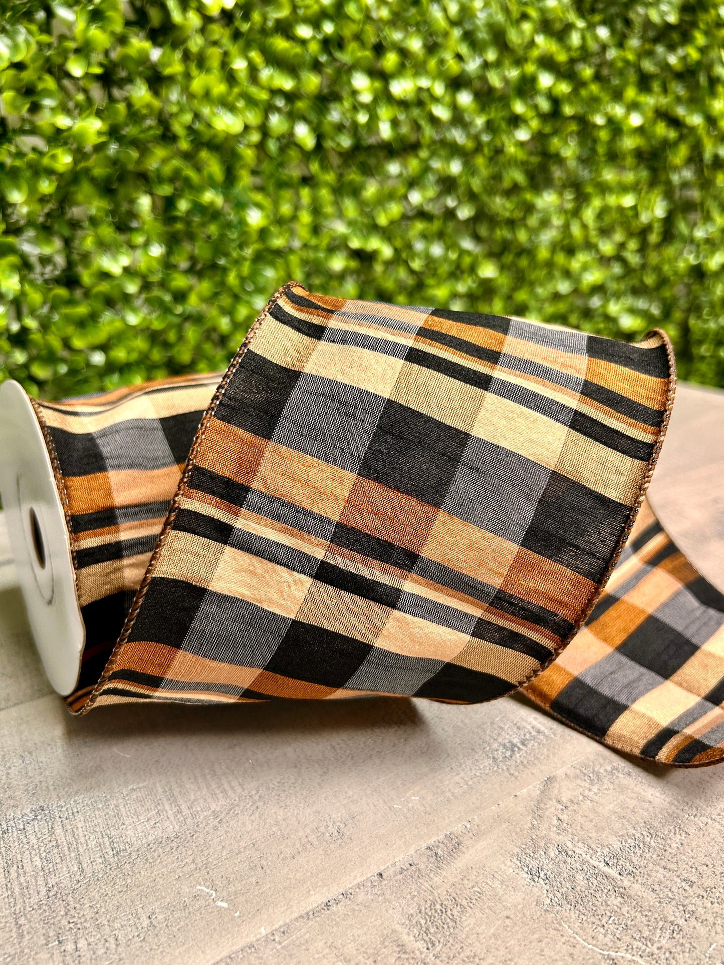 4 Inch By 10 Yard Brown Tan Black Dupioni Plaid Ribbon