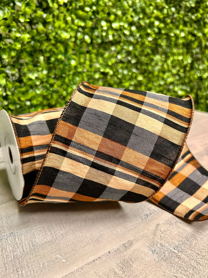 4 Inch By 10 Yard Brown Tan Black Dupioni Plaid Ribbon