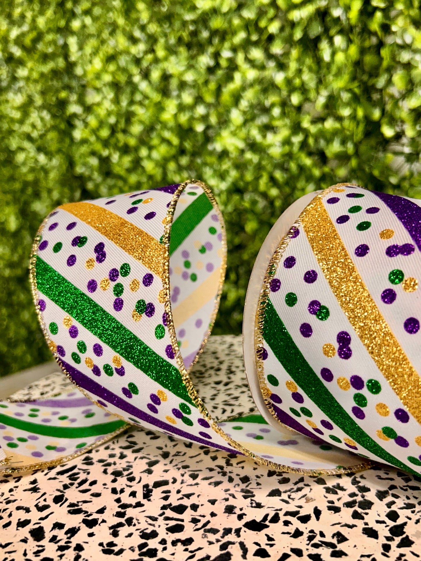 2.5 Inch By 10 Yard Mardi Gras Glitter Stripe With Confetti Dots Ribbon