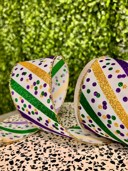 2.5 Inch By 10 Yard Mardi Gras Glitter Stripe With Confetti Dots Ribbon