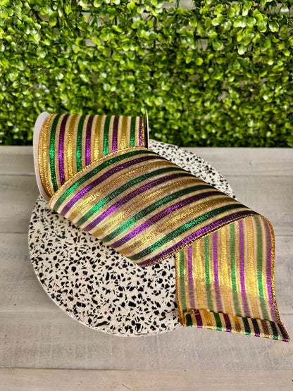 4 Inch By 10 Yard Mardi Gras Metallic Stripe Ribbon
