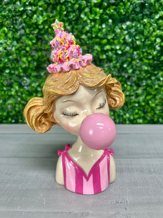 9 Inch Pink And White Resin Playful Girl Blowing Bubble Statue