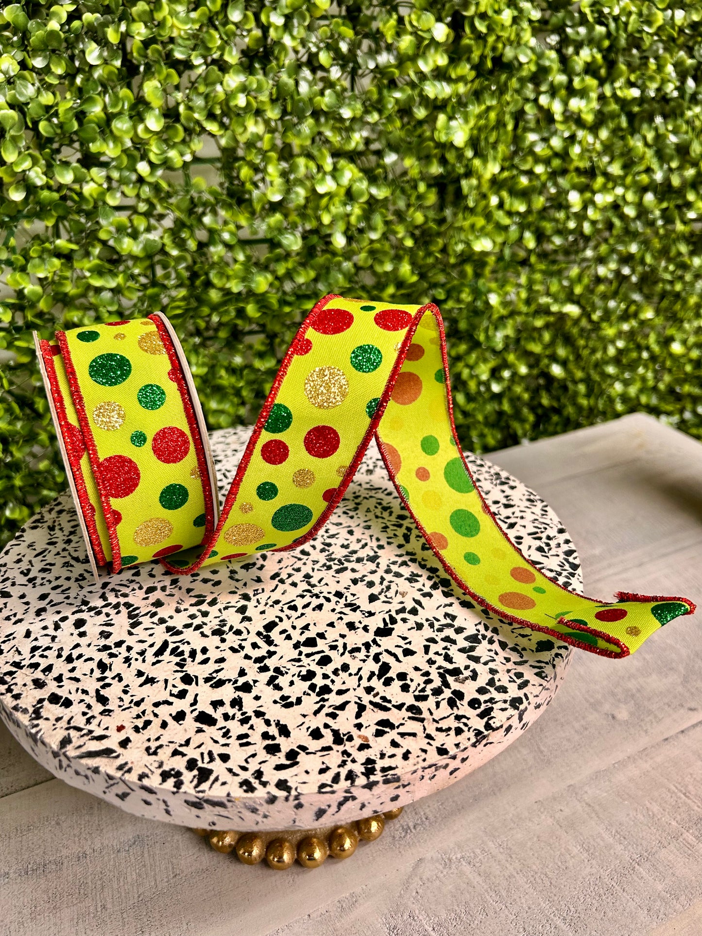 1.5 Inch By 10 Yard Red Gold Lime And Emerald Polka Dot Ribbon