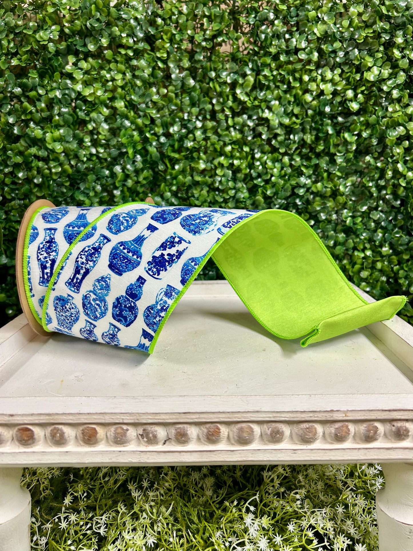 4 Inch By 10 Yard Blue And White China Pots With Lime Green Backing Dupioni Ribbon