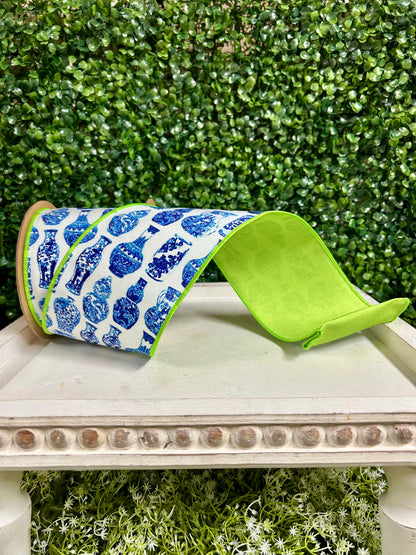 4 Inch By 10 Yard Blue And White China Pots With Lime Green Backing Dupioni Ribbon
