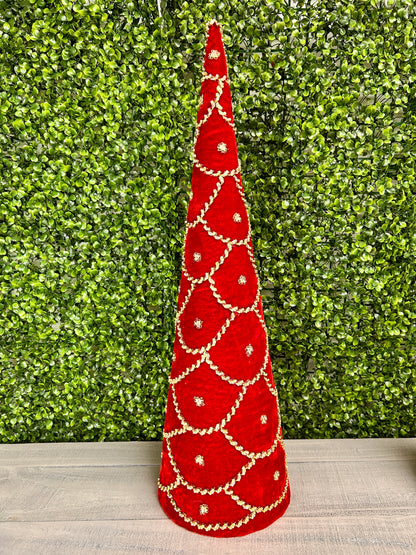 Set Of Two 18 And 24 Inch Red Jeweled Scalloped Velvet Cone Tree