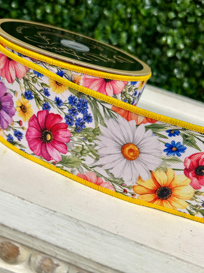 2.5 Inch By 10 Yard Mixed Wildflowers Ribbon