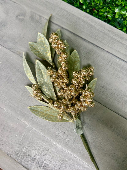 18 Inch Sage Green And Gold Berry Bay Leaf Pick