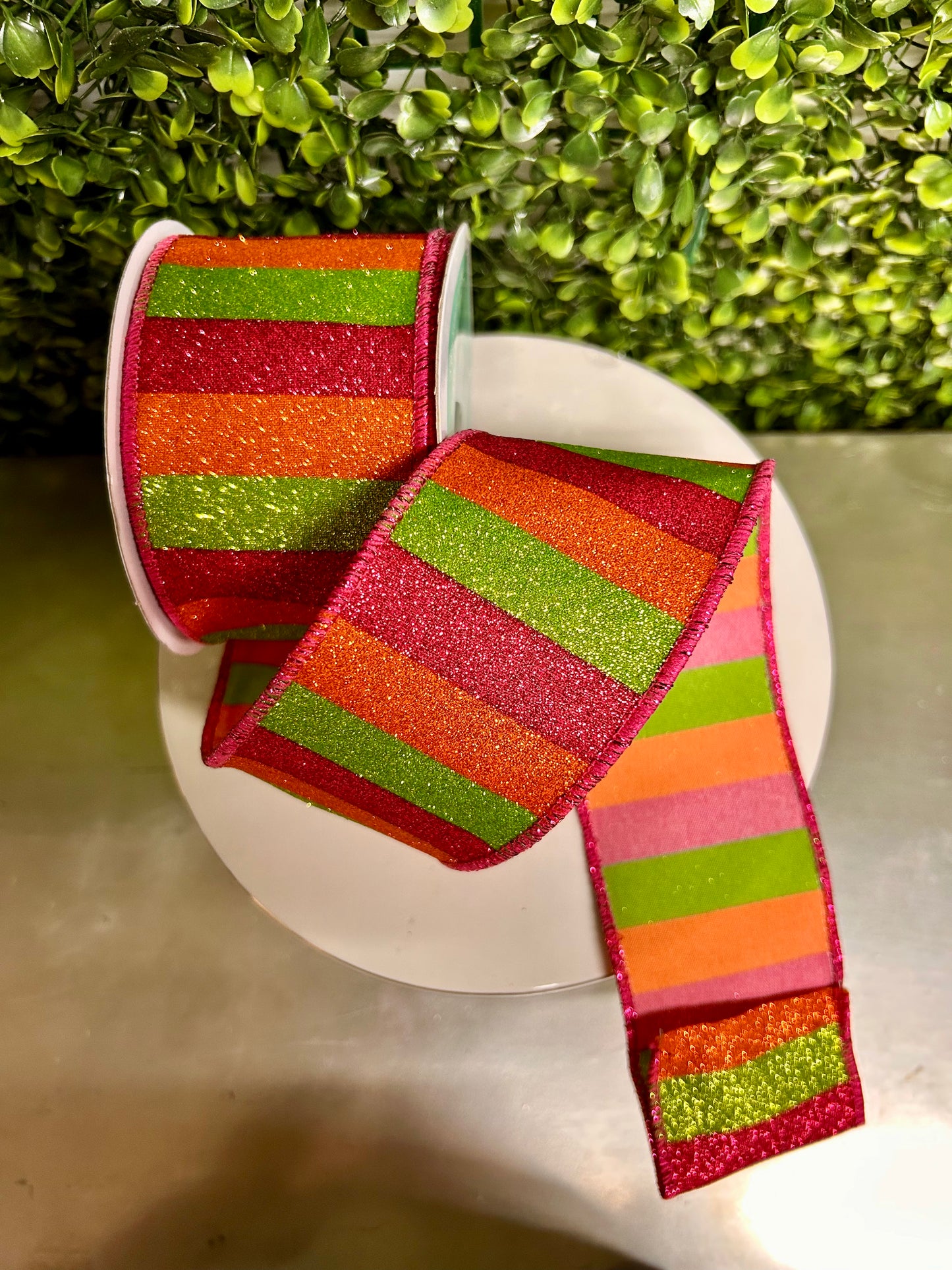 2.5 Inch By 10 Yard Hot Pink Orange And Lime Horizontal Glitter Stripes Ribbon