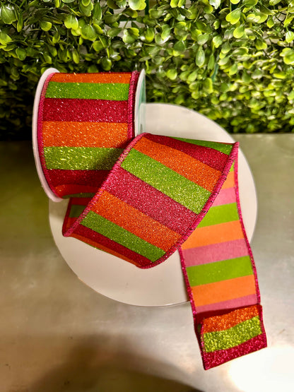 2.5 Inch By 10 Yard Hot Pink Orange And Lime Horizontal Glitter Stripes Ribbon