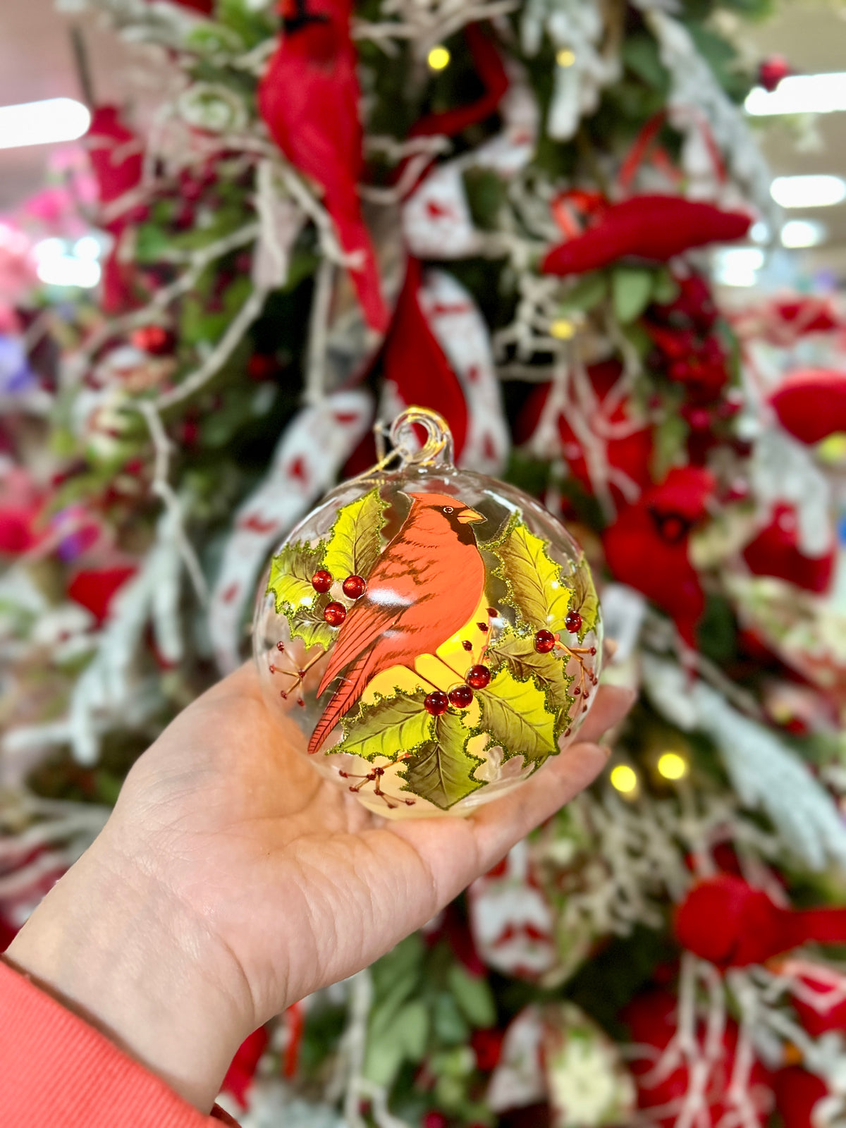 3.5 Inch LED Clear Glass Cardinal And Holly Ornament