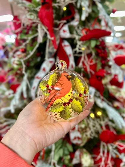 3.5 Inch LED Clear Glass Cardinal And Holly Ornament