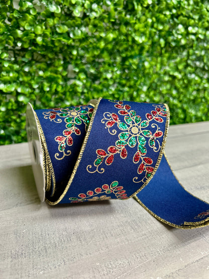 2.5 Inch By 10 Yard Navy Emerald And Red Ornate Loop Diamond Ribbon