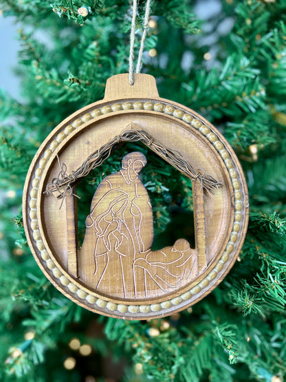 8.46 Inch Wood Engraved Holiday Nativity Design Ornament
