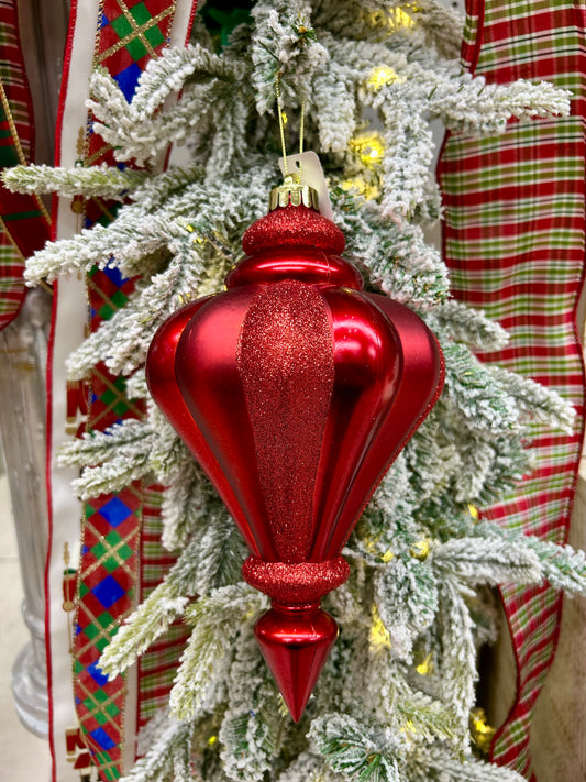 10 Inch Shiny Matte Red Glitter Finial Ornament