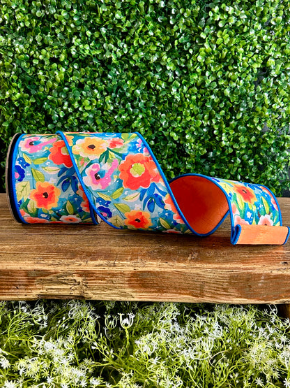 D. Stevens 4 Inch By 10 Yard Orange Blue And Green Watercolor Floral Garden Dupioni Ribbon