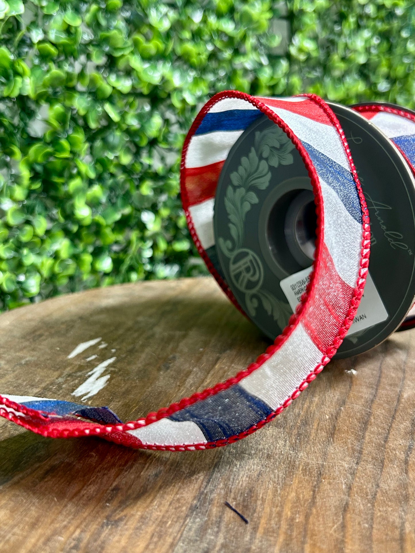 1.5 Inch By 10 Yard Red White And Blue American Dupioni Bar Wired Edge Ribbon