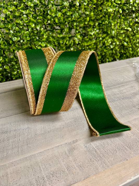 2.5 Inch By 10 Yard Emerald And Gold Vertical Glitter Stripe Sewn Ribbon