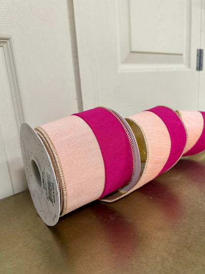 4 Inch By 10 Yard Pink And Light Pink With Gold Back Dupioni Ribbon