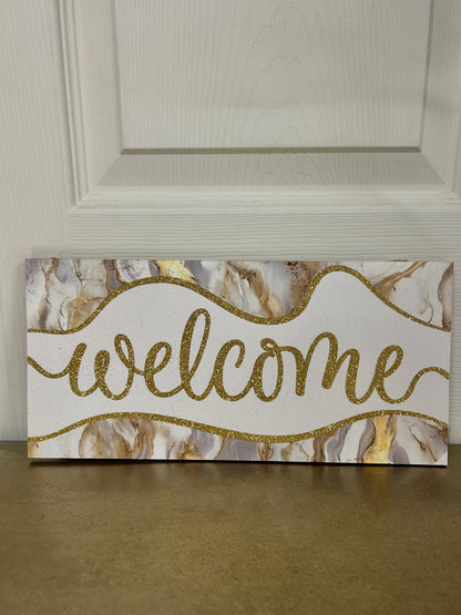 12.5 Inch Glitter Welcome Marble Wood Sign