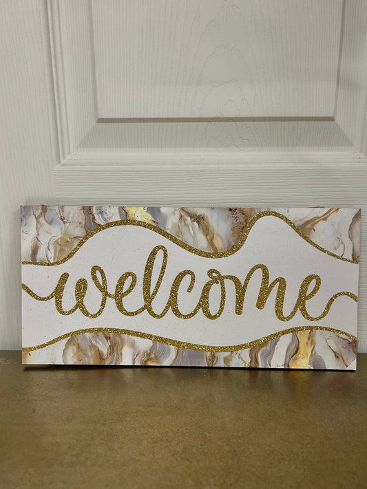12.5 Inch Glitter Welcome Marble Wood Sign