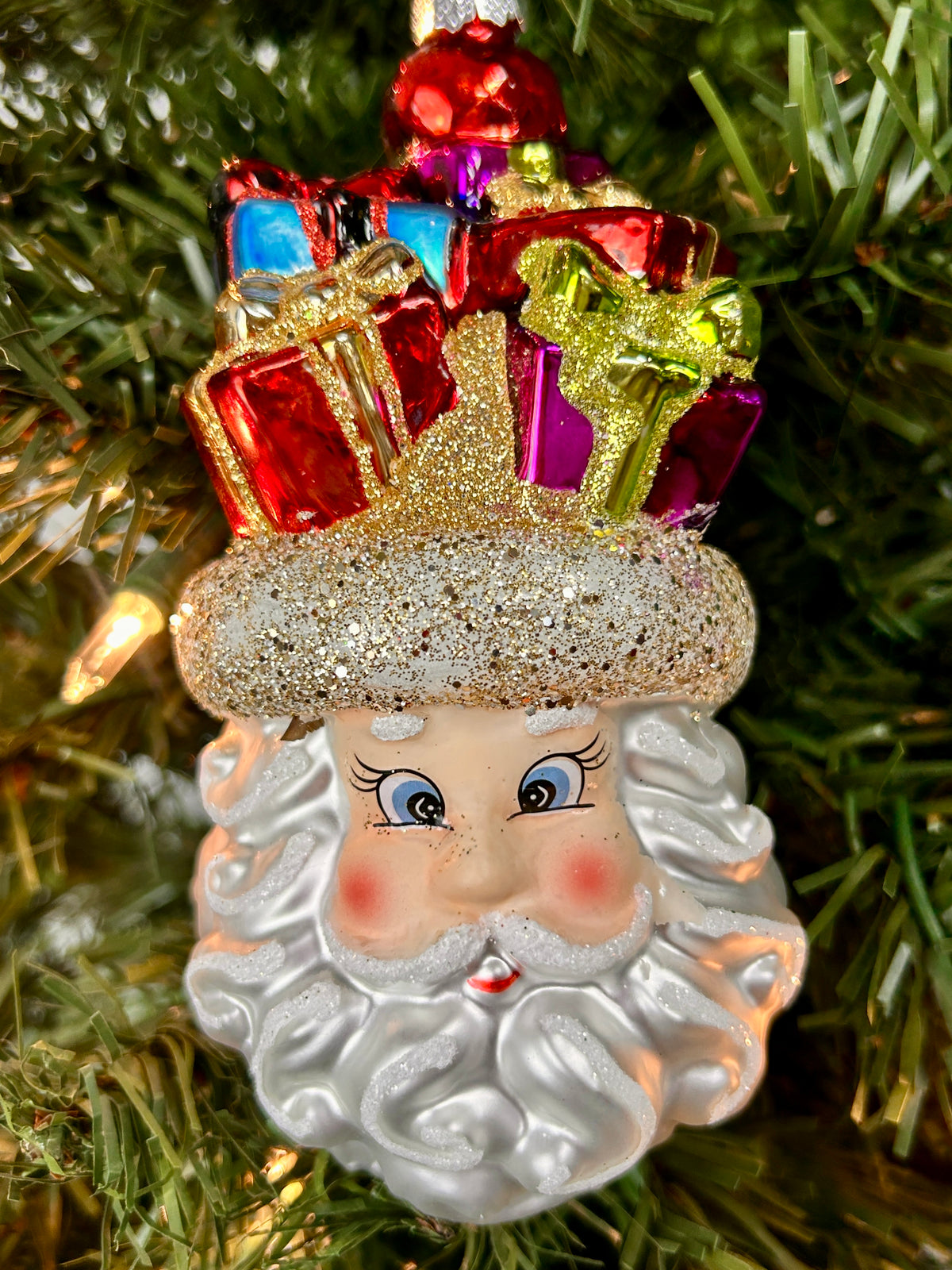 6 Inch Retro Glass Santa Head With Presents Ornament