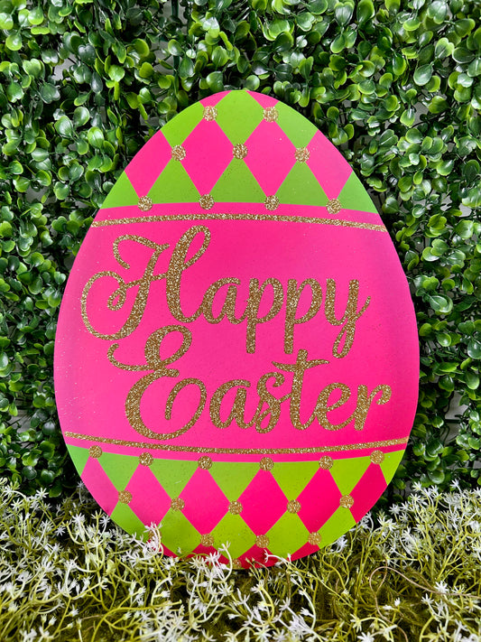 12 Inch Harlequin Easter Egg Glitter Wood Sign