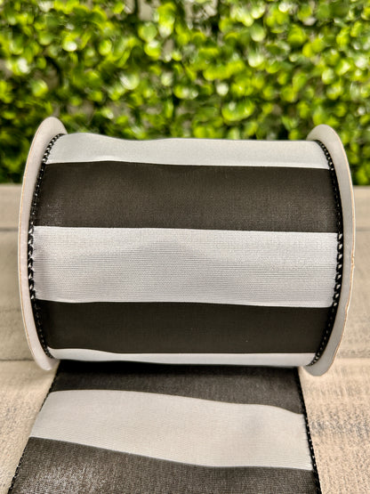 4 Inch By 10 Yard Black And White Horizontal Stripes Ribbon