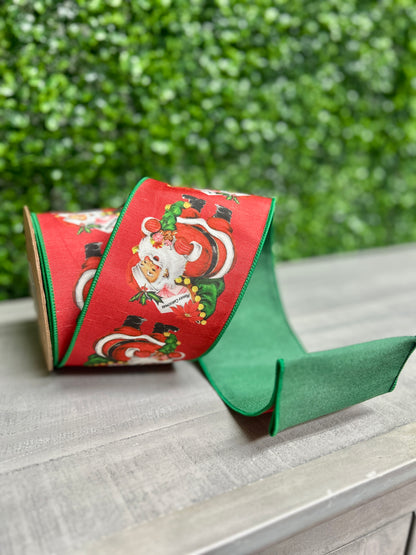 4 Inch By 10 Yard Retro Santa With Green Backing Ribbon