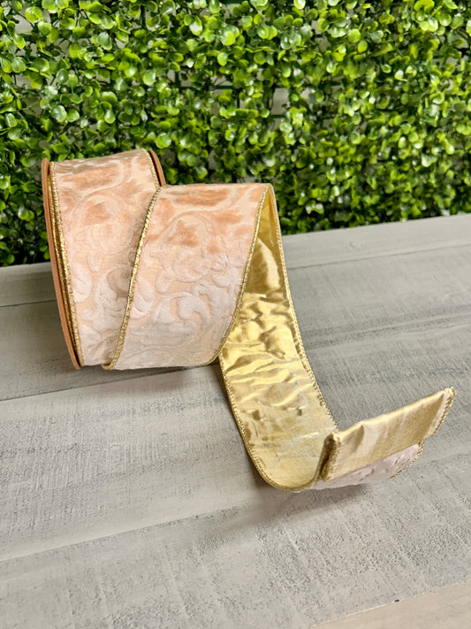 2.5 Inch By 10 Yard Ivory Floral With Gold Backing Ribbon