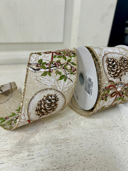 2.5 Inch By 10 Yard Red Berry Branch With Acorn Ornament With Burlap Background And Gold Glitter Edging