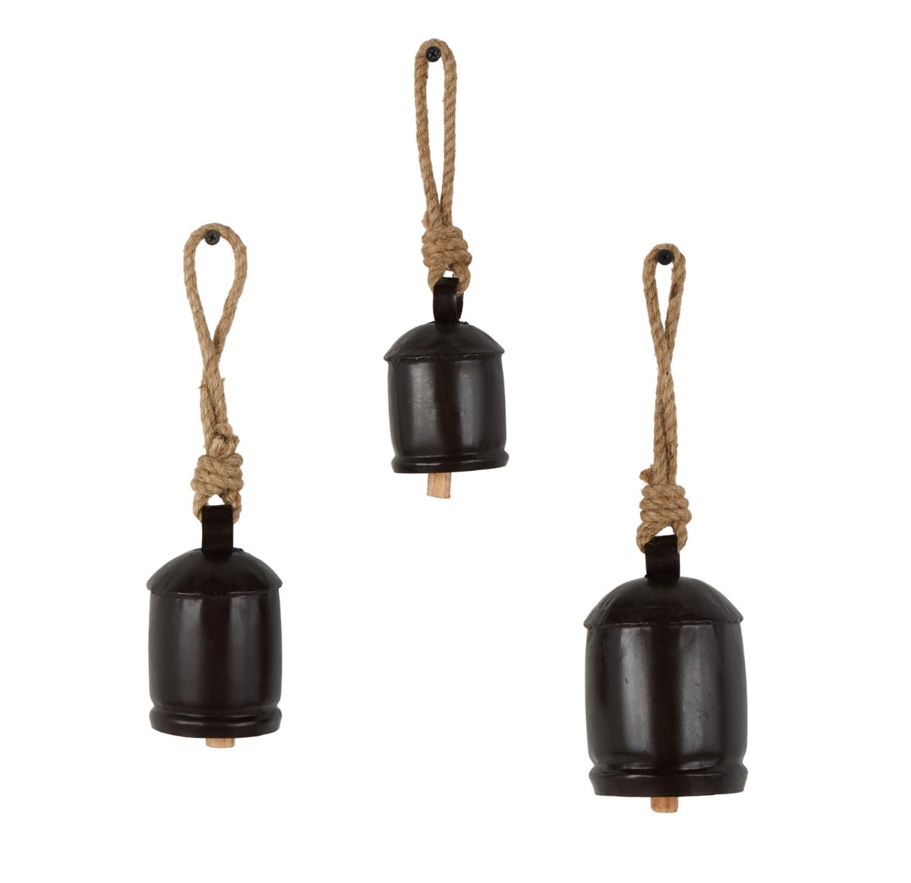 Black Metal Tibetan Inspired Indoor Outdoor Decorative Cow Bells With Jute Hanging Rope Set Of Three