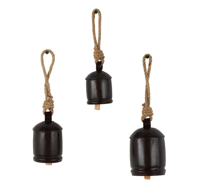 Black Metal Tibetan Inspired Indoor Outdoor Decorative Cow Bells With Jute Hanging Rope Set Of Three
