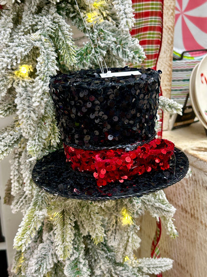 6.75 Inch Black And Red Sequin Velvet Top Hat Ornament