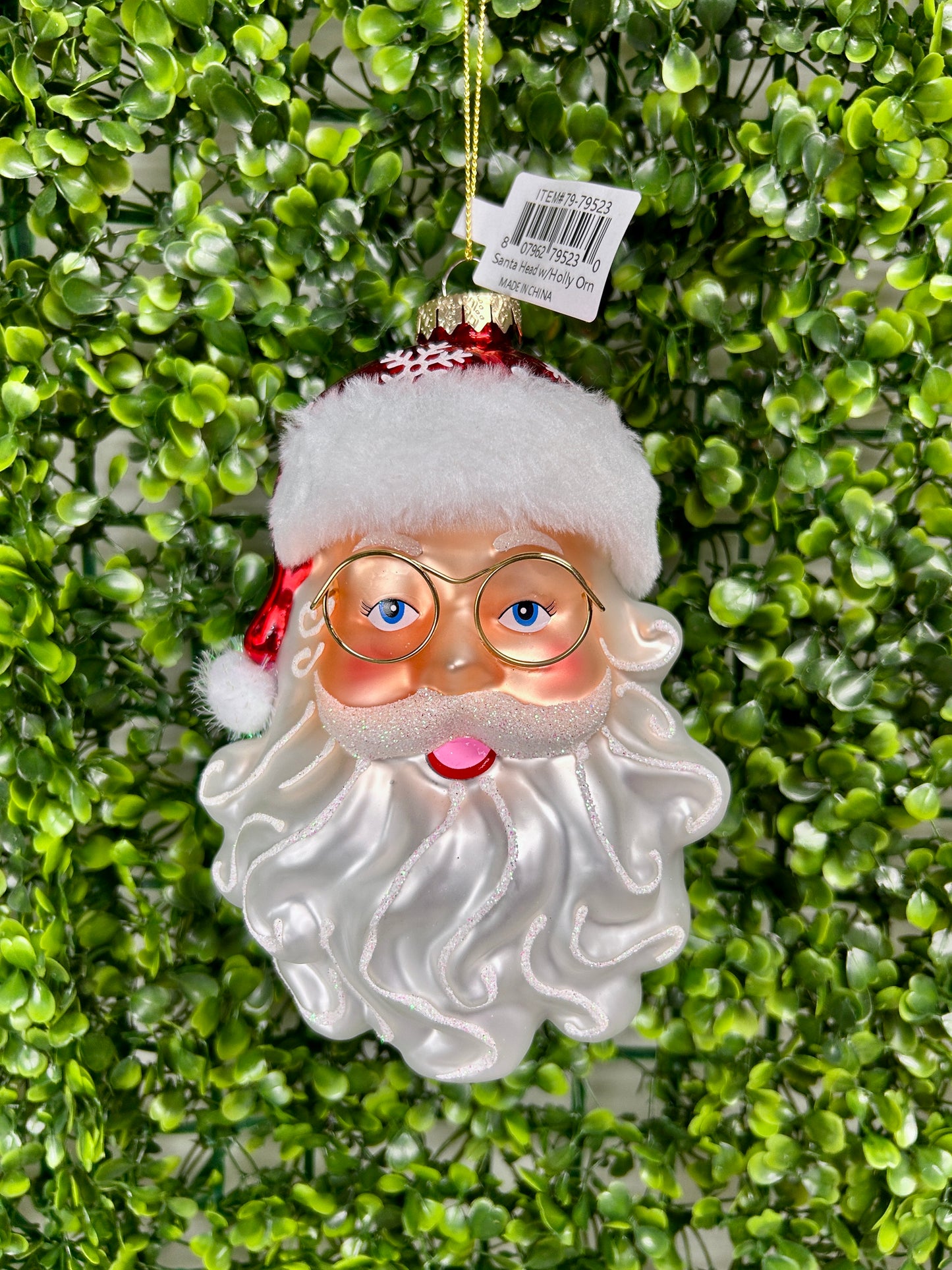 Santa Head With Holly Glass Ornament