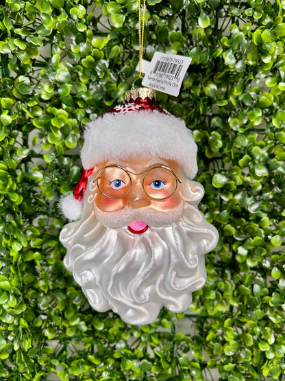 Santa Head With Holly Glass Ornament